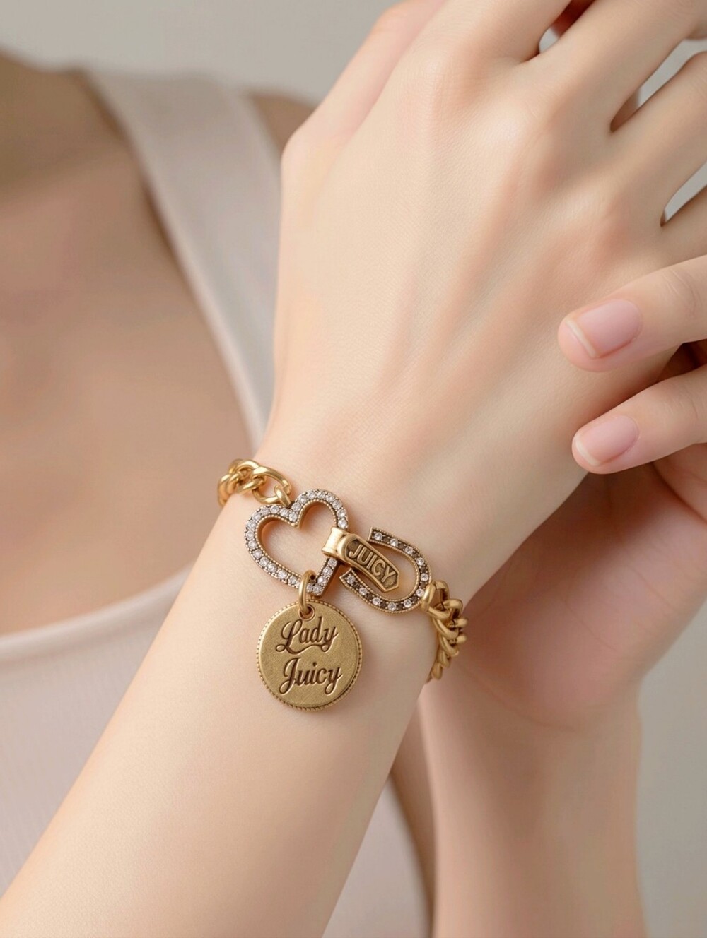 Juicy Couture Vintage Gold Charm Bracelet Rhinestone Heart Horseshoe Box EUC